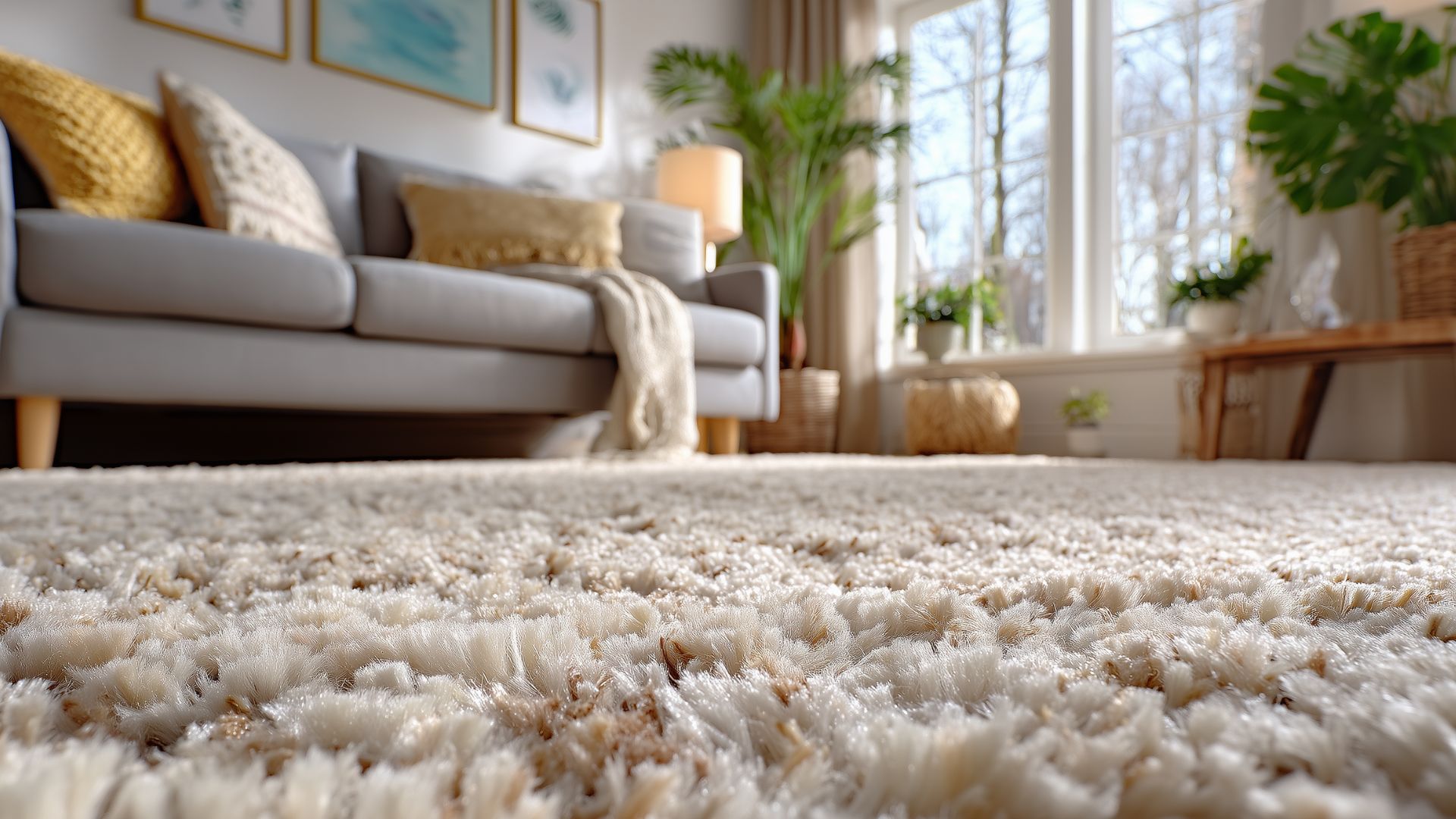 Close-up of clean cut-pile carpet in a bright North Central Florida living room