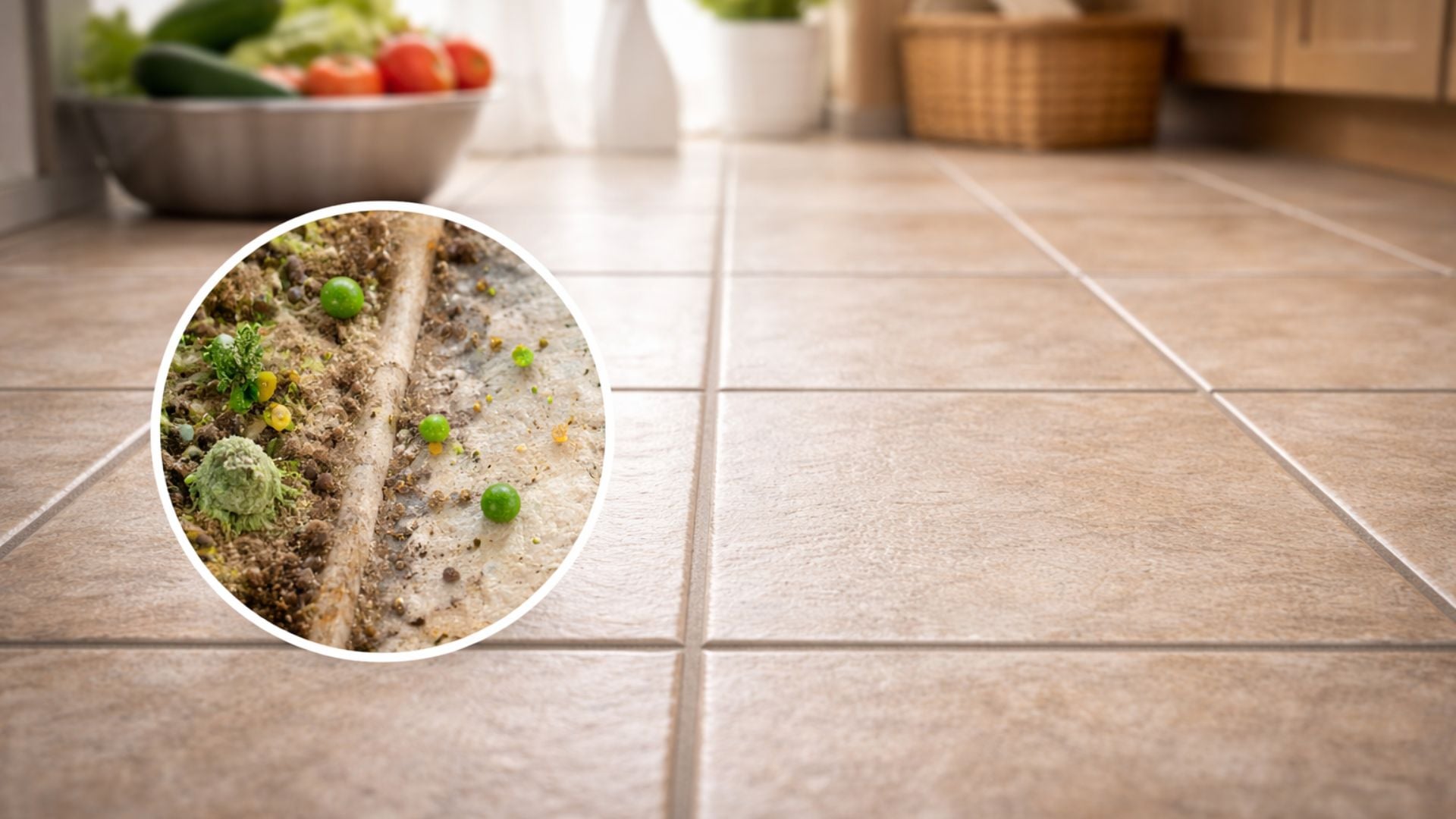 Darkened, soiled grout lines between floor tiles before professional cleaning, showing buildup a mop cannot reach
